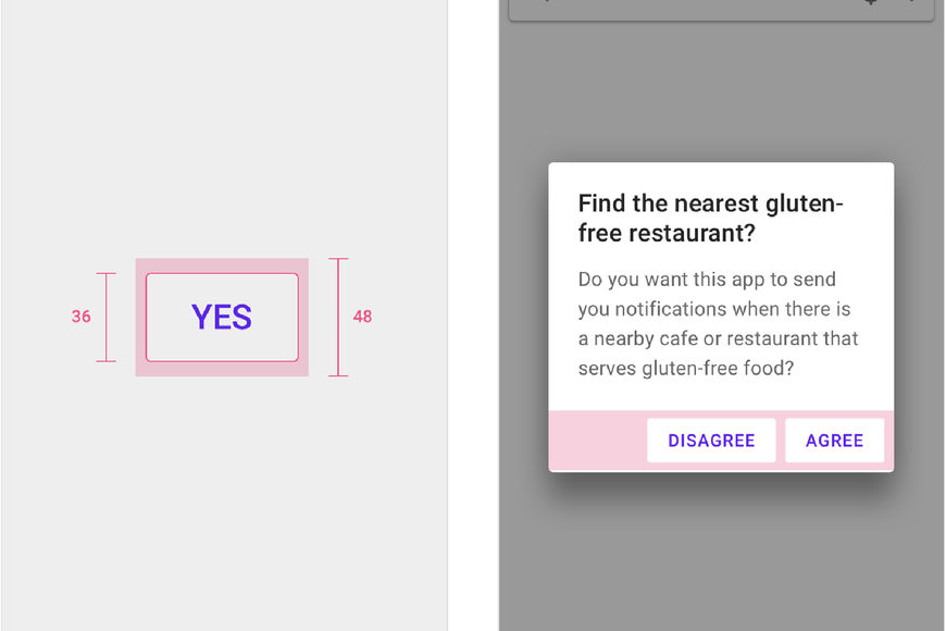 Hier ist zu sehen wie Buttons und Schaltflächen in ihrer Touch-Zielgröße aussehen sollte. Ein Praxisbeispiel aus dem material.io Guide von Google.