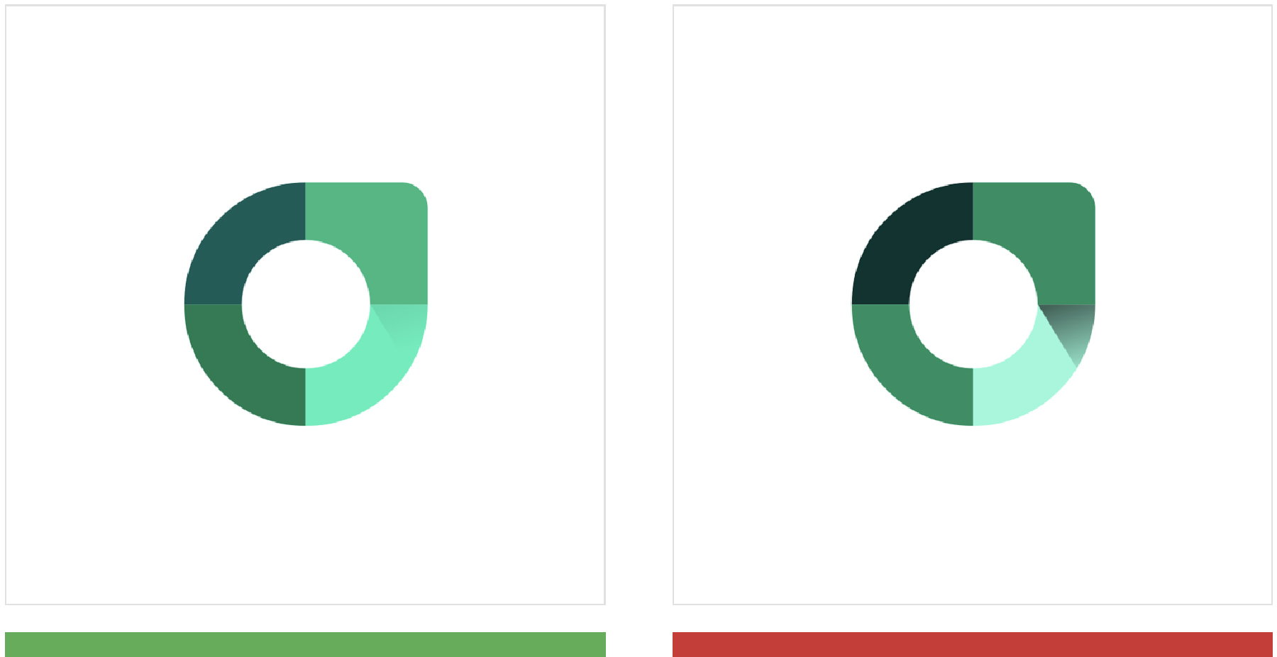 Das bild zeigt links ein Logo mit den korrekten Farben. Rechts sieht man das Logo mit veränderten Farben damit es dem Kontrastverhältnis entspricht. Was nicht empfohlen wird.