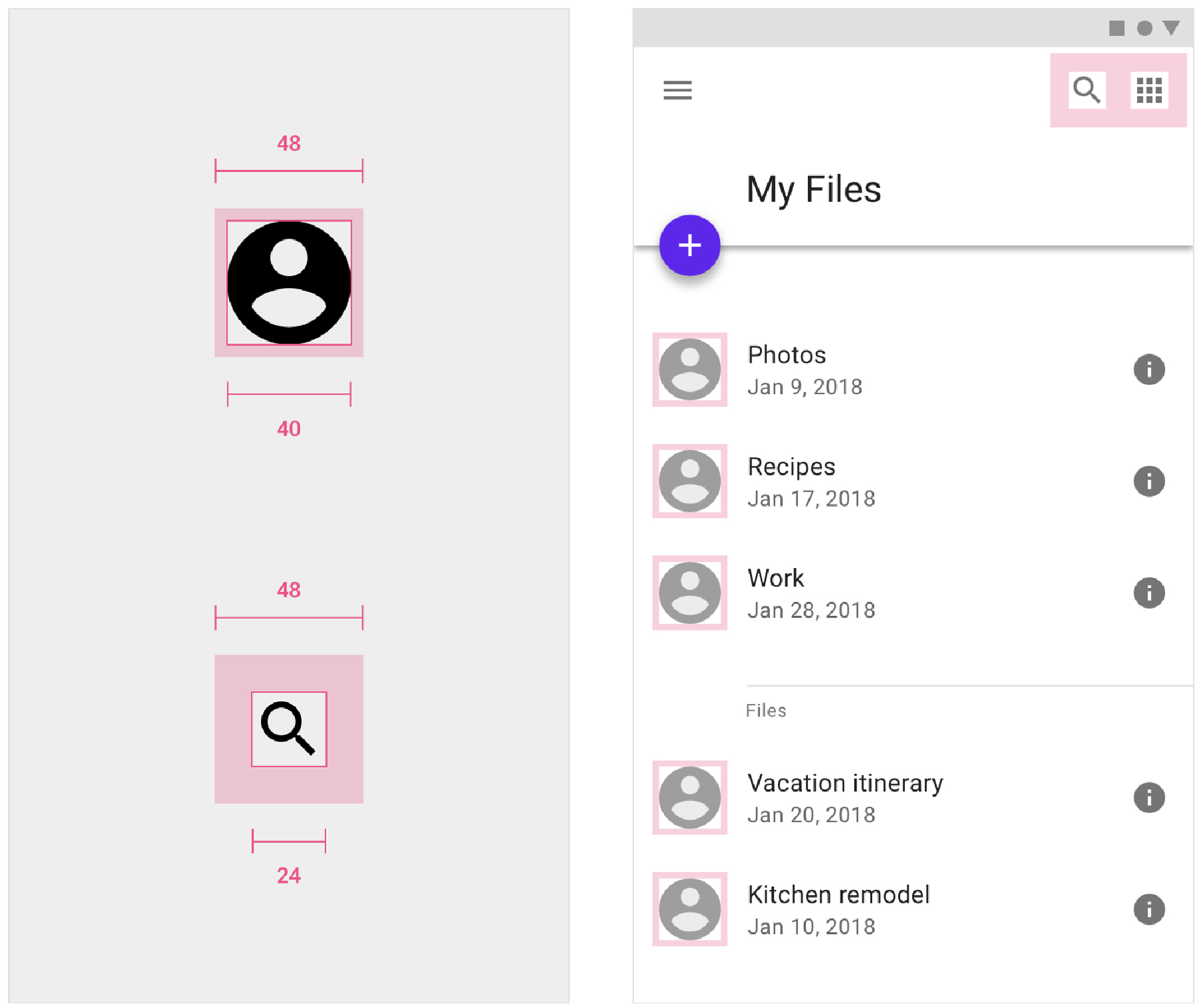 Hier ist zu sehen wie Buttons und Icons in der korrekten Zeigerzielgröße aussehen sollte. Ein Praxisbeispiel aus dem material.io Guide von Google.